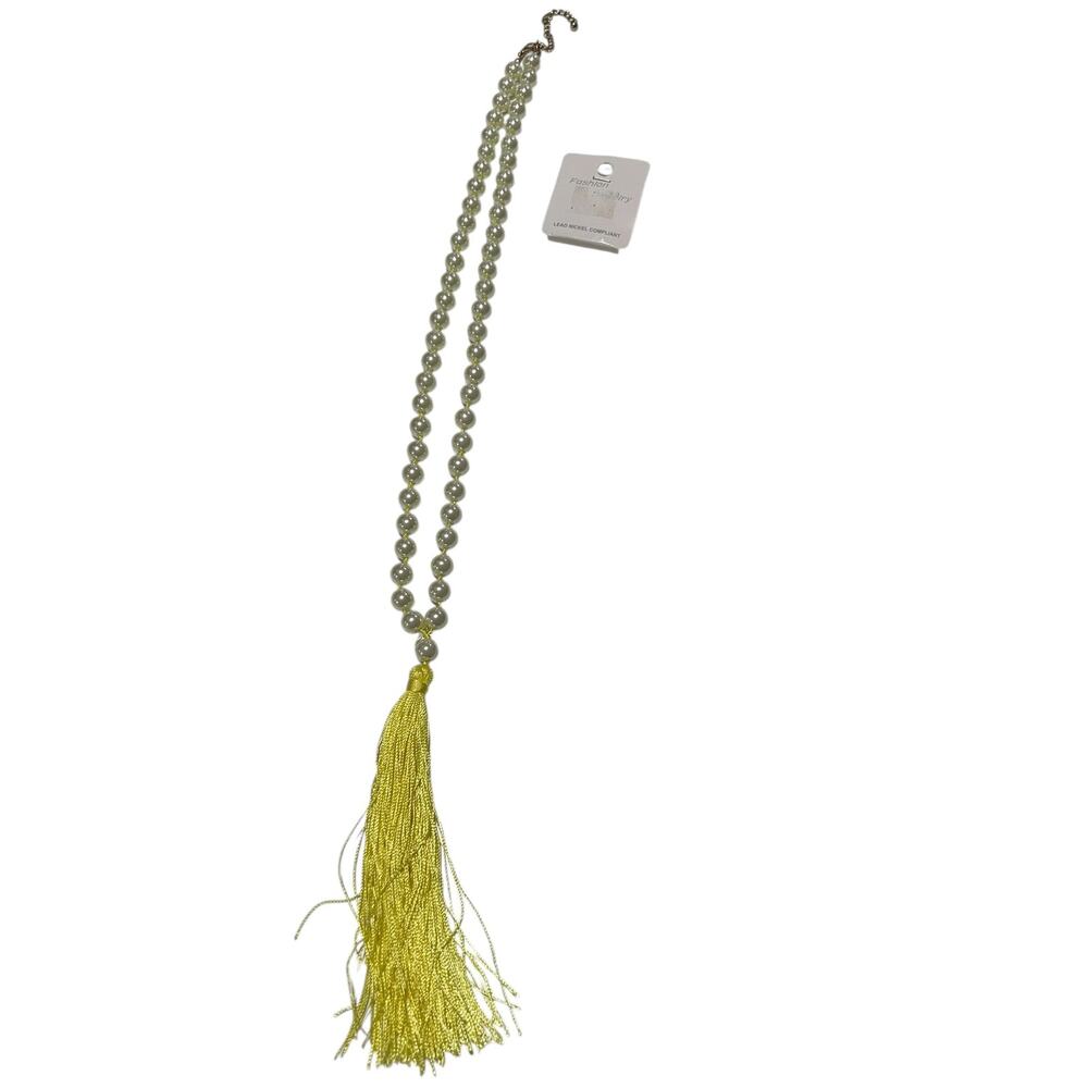 NEW Faux Pearl Necklace with Gold Tone Lobster Claw Clasp and Yellow Tassel